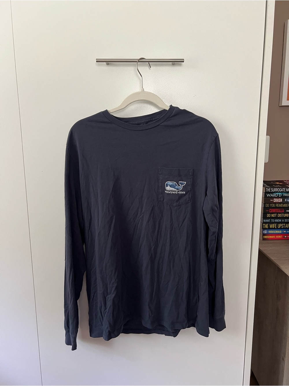 Vineyard Vines Navy Long-Sleeve Pocket Tee with Whale Patch